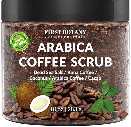 First Botany Cosmeceuticals, 100% Natural Arabica Coffee Scrub with Organic Coffee Coconut & Shea Butter Acne Anti Cellulite & Stretch Mark treatment Spider Vein Therapy, Varicose Veins Eczema, 10 oz-Velvo Beauty