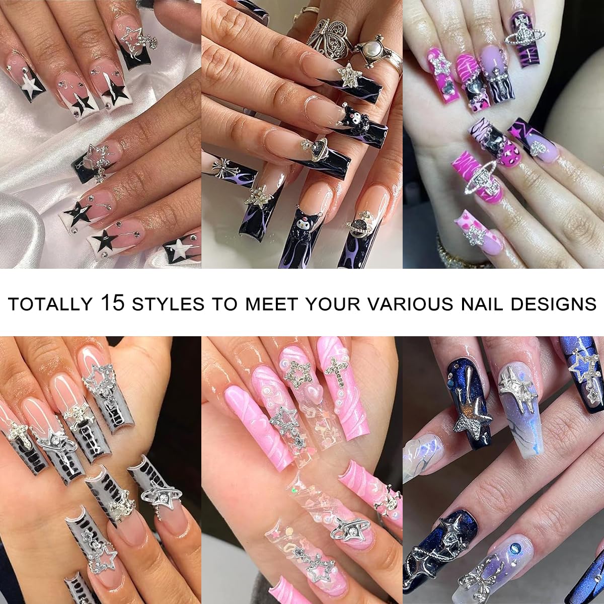 120+ Pcs Star Nail Charms Inlaid Rhinestones Gems, Silver Star Planet Cross Nail Art Decorations Shiny Jewelry for Acrylic Nail Accessories for Women Girl Manicure DlY Crafts Supplies-Velvo Beauty