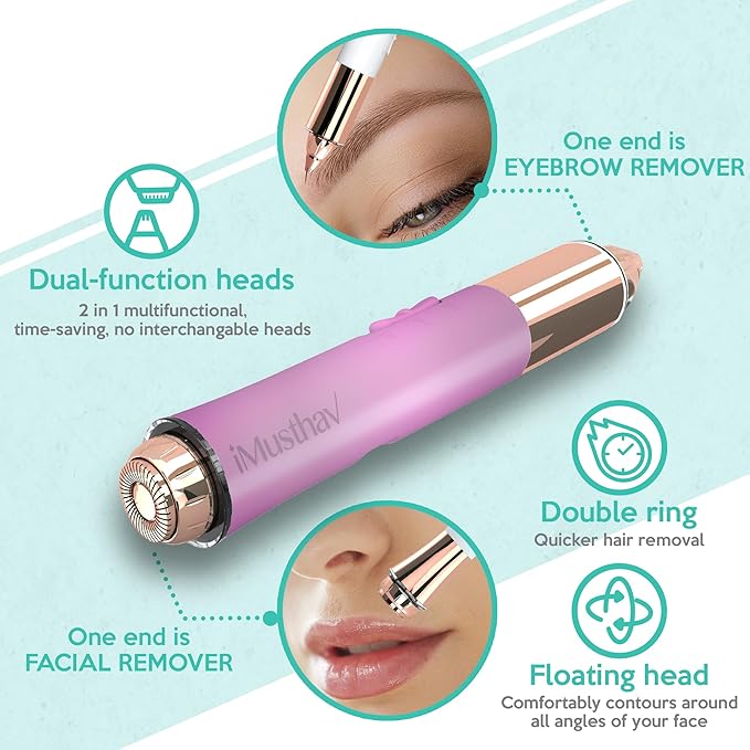 2 in 1 Eyebrow and Facial Hair Remover for Women Painless Flawless Electric Razor Epilator Trimmer Shaver with 18K Gold-Plated, USB Rechargeable, 360° LED for Eyebrow and Face Hair Removal-Velvo Beauty