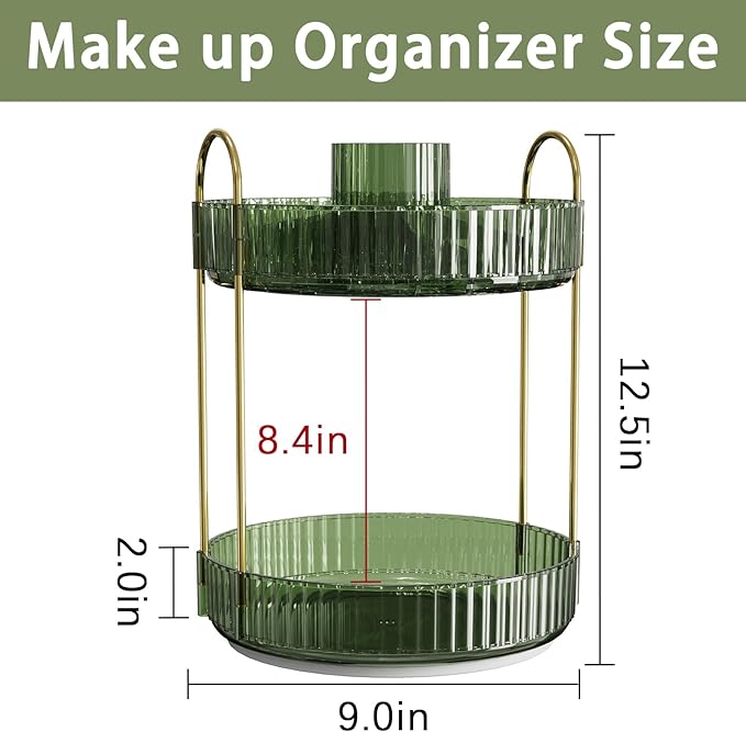 Rotating Makeup Organizer for Vanity, High-Capacity Skincare Clear Make Up Storage Perfume Organizers Cosmetic Dresser Organizer Countertop 360 Spinning (Green, New-2 Tier)-Velvo Beauty