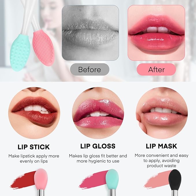 Unaone Lip Scrub Brush - 3 PCS Dual-ended Lip Scrubber Exfoliator and Silicone Lip Brush, 2-in-1 Silicone Lip Scrub Tool Lip Mask Applicator, Gentle Exfoliator & Applicator for Soft-Velvo Beauty