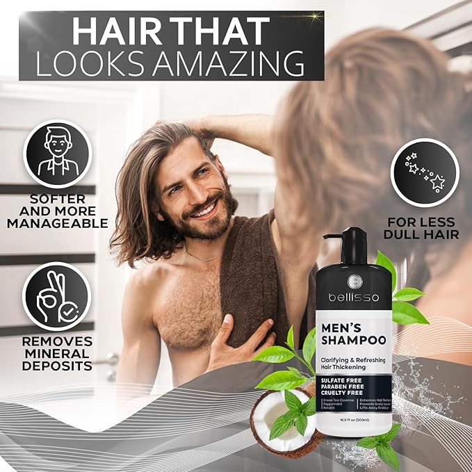 Shampoo for Men - Tea Tree Oil and Peppermint - Sulfate Free, Paraben Free - Clarifying, Refreshing, Volumizing & Moisturizing Hair Thickening Formula - Ideal for Oily Hair, Dry Scalps and Build Up-Velvo Beauty