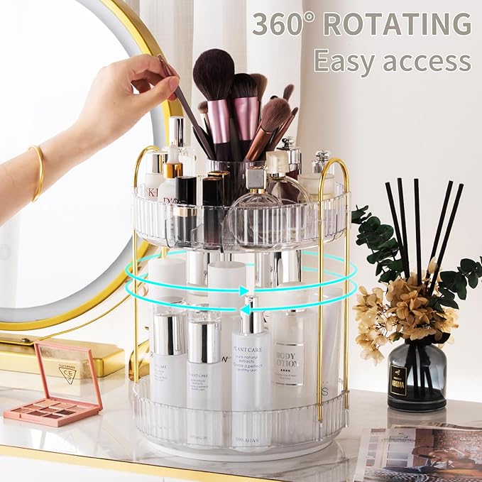 360° Rotating Makeup Organizer, Large-Capacity Skincare Make Up Storage 2 Tier Perfume Organizers Cosmetic Dresser Organizer with Makeup Brush Holder, Fits Bedroom, Bathroom, Vanity Shelf Countertop-Velvo Beauty