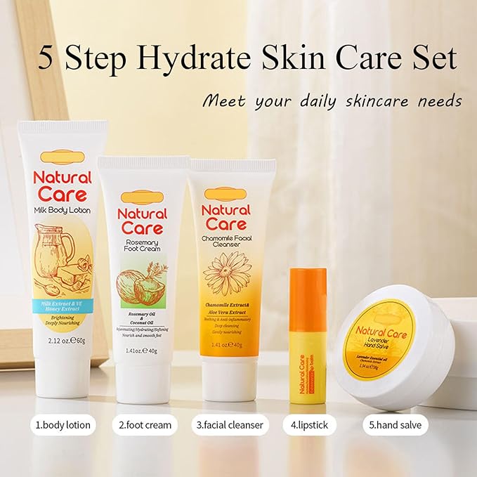 facial skin care set - facial gift sets for women - mini skincare products - body lotion, foot cream, cleanser, lip balm, hand salve-Velvo Beauty
