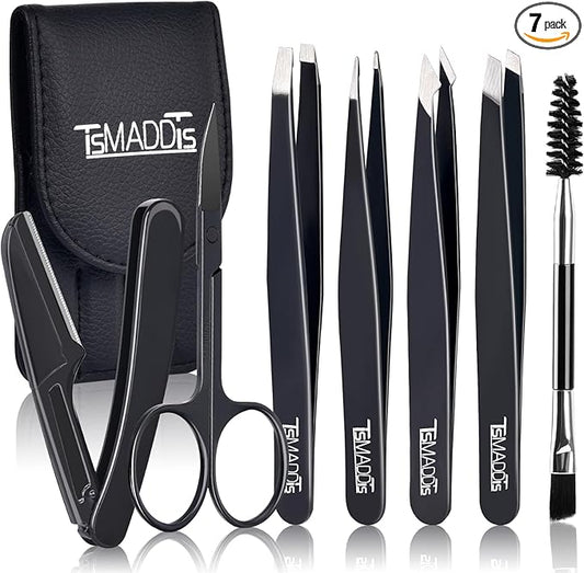 TsMADDTs Professional Stainless Steel Tweezers for Women and Men, 7 Pack Precision Tweezers for Eyebrows with Curved Scissor and Eyebrow Razor for Ingrown Hair-Velvo Beauty