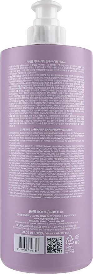 laferme Laminaria Shampoo with Organic Ingredient, Korean Clarifying Shampoo, Hydrating for Dry Hair, Strengthening for Weak Hair, Sulfate & Paraben-Free, for Women & Men, 33.8 FL OZ, White Musk-Velvo Beauty