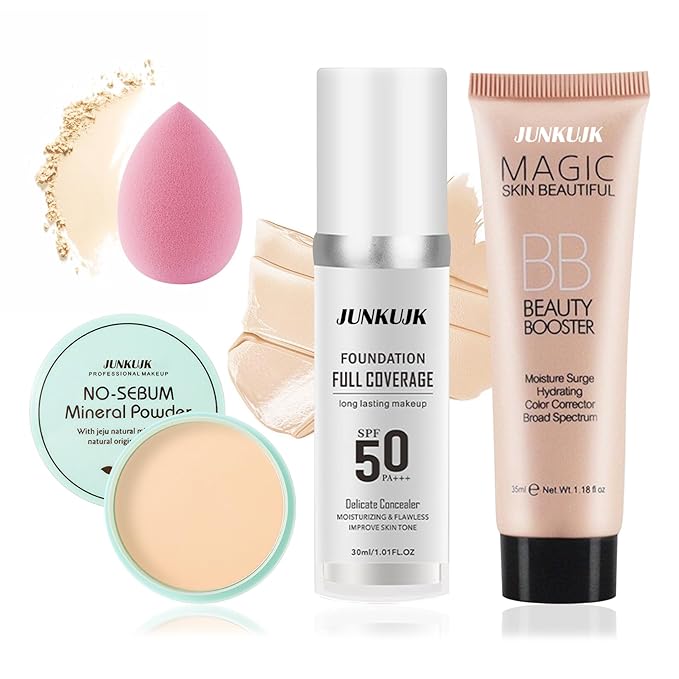 Color Changing Foundation Set,Full Coverage Foundation Liquid Foundation Makeup Gift Set,Moisturizing BB Cream for Women,Flawless Loose Setting Powder Face Primer Base Makeup Kit With Makeup Sponge-Velvo Beauty