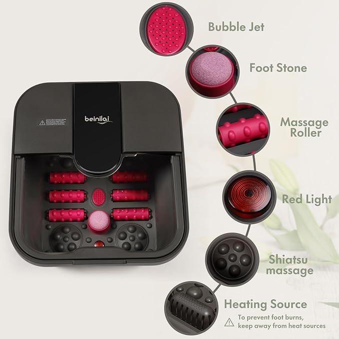 Beinilai Collapsible Foot Spa Bath with Heat,Bubble,Massage Rollers, Tea Tree Oil Foot Soak with Epsom Salt, Pedicure Foot File, Red Light,Removable Pumice Stone,Pedicure Foot Spa-Velvo Beauty