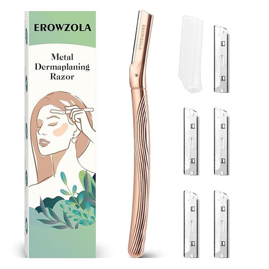 Dermaplaning Tool for Face, Eyebrow Razor for Women and Men, Eyebrow Trimmer and Facial Shaver Dermaplane Razor for Peach Fuzz Hair and Exfoliation, Includes 6 Blades (Rose Gold)-Velvo Beauty