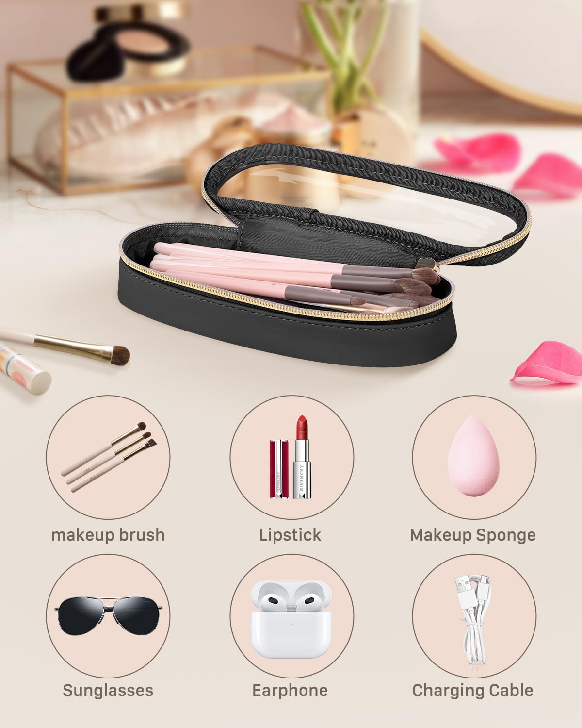 Clear Travel Makeup Brush Holder, Leather Makeup Brush Toiletry Bag, Portable Cosmetic Brush Case, Transparent Waterproof Makeup Brush Storage Bag, Black, Large-Velvo Beauty