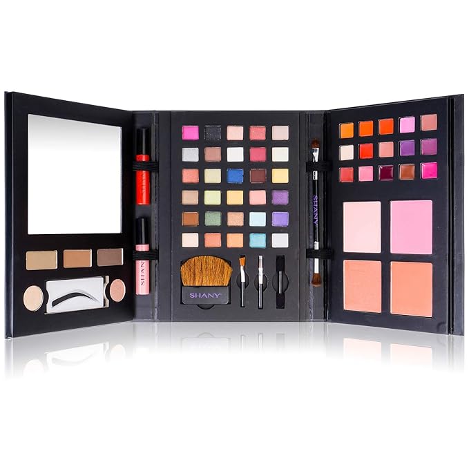 SHANY Luxe Book Makeup Set - All In One Travel Cosmetics Kit with 30 Eyeshadows, 15 Lip Colors, 5 Brushes, 4 Pressed Blushes, 3 Brow Colors, and Mirror-Velvo Beauty