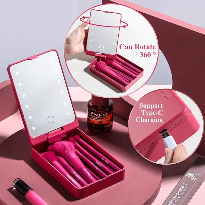 BS-MALL Travel Makeup Brush Set Foundation Powder Concealers Eye Shadows Makeup Set with LED light Mirror 14 Pcs (HotPink)-Velvo Beauty