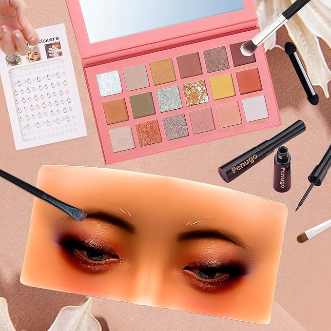 Mannequin Face for Makeup Practice, Makeup Practice Face Board with Makeup Brushes Rhinestones Sticker, Silicone Makeup Mannequin Face for Makeup Artist Supplies(Wheat colored)-Velvo Beauty