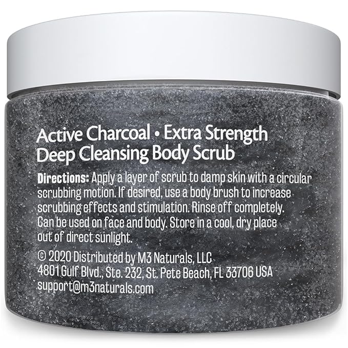 Exfoliating Charcoal Scrub with Collagen & Stem Cells – Salt Scrub for Body Toning, Cellulite, Armpit Detox, and Skin Smoothing for Face, Feet, and Body by M3 Naturals.-Velvo Beauty