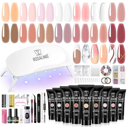 ROSALIND Poly Nail Gel Kit -14 Colors Nail Art Accessories kit Clear Nude Nail Extension Gel Starter with Slip Solution White Nude Pink Nail Extensions Gels Set with Mini UV Lamp-Velvo Beauty