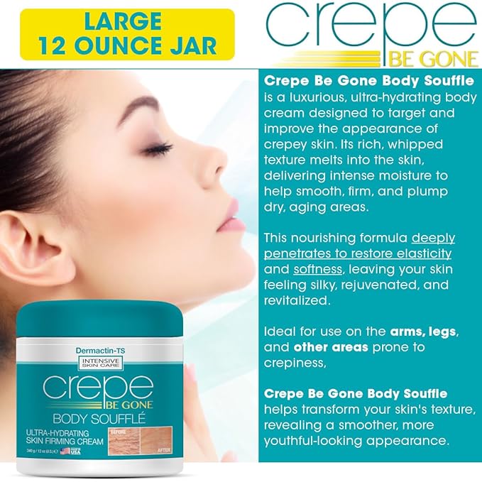 Crepe Be Gone Body Souffle Classic - Large 12 ounce - Ultra Hydrating Crepe Skin Firming Cream for Neck,Chest, Arms & Legs-Velvo Beauty