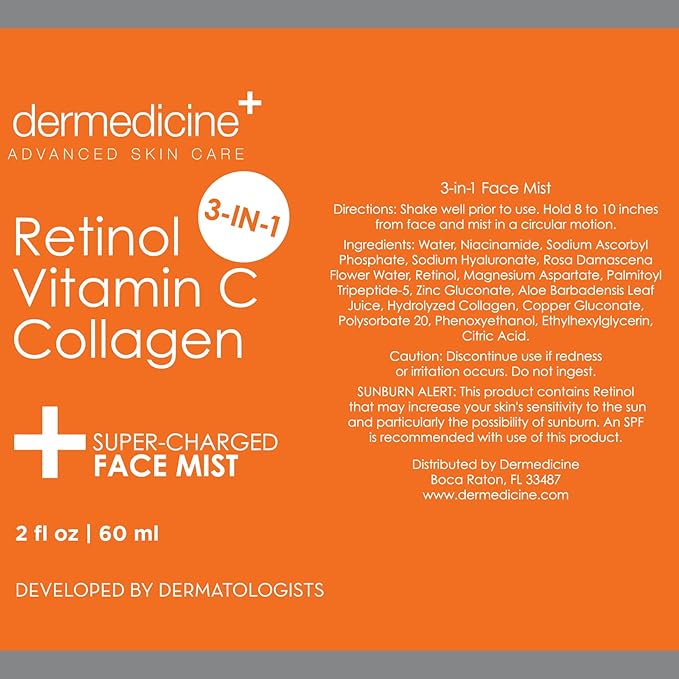 3 in 1 Super-Charged Anti-Aging Face Mist w/Retinol, Vitamin C + Collagen | Hydrates, Refreshes & Brightens for a More Glowing Complexion | 2 fl oz, 60 ml-Velvo Beauty