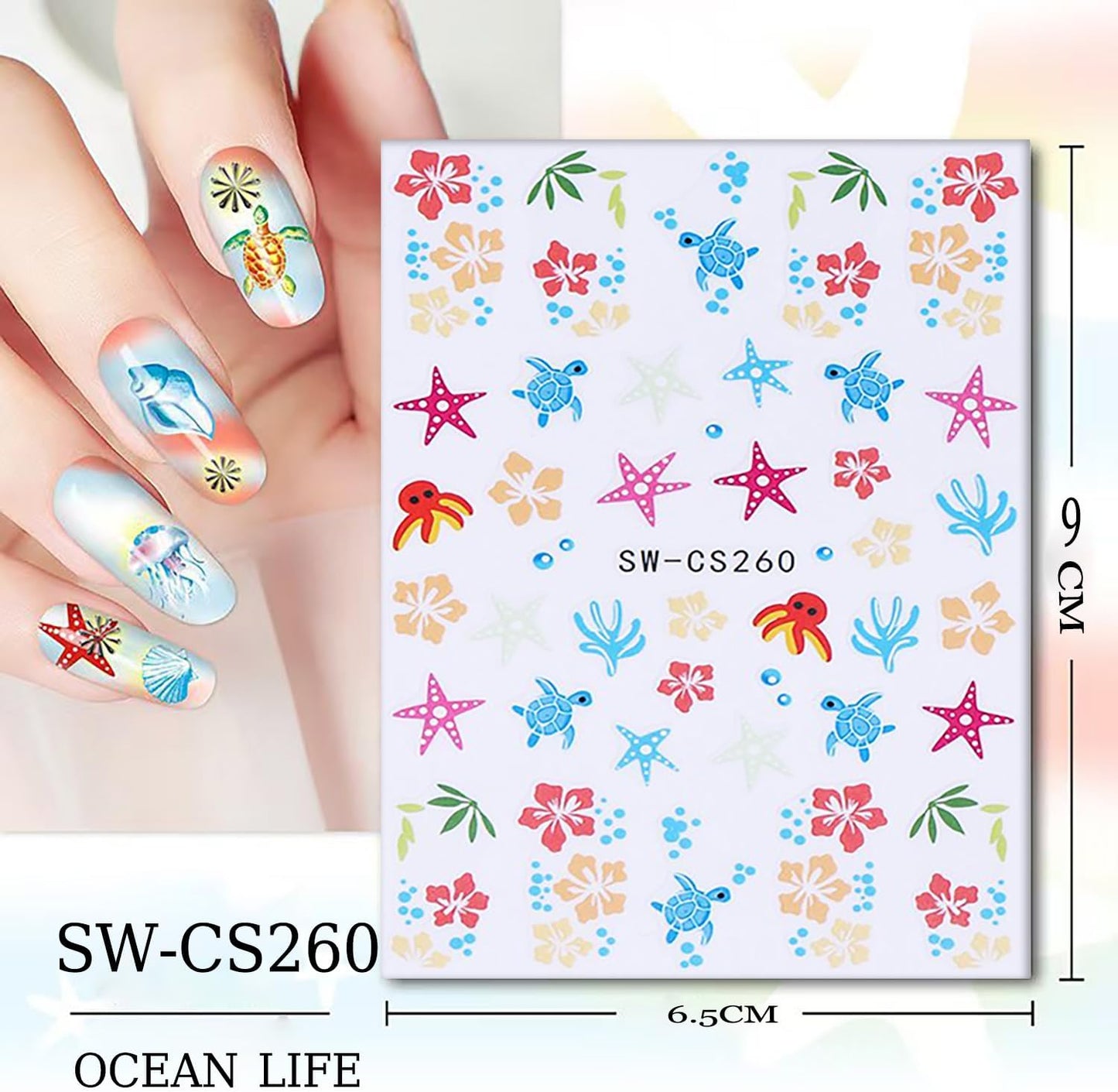 6 Sheets Marine Life Nail Art Stickers 3D Self-Adhesive Starfish Turtle Nails Sticker Flower Nail Art Decals Holographic Bow Nails Decal Decoration for Women Floral Manicure DIY Nail Supplies-Velvo Beauty