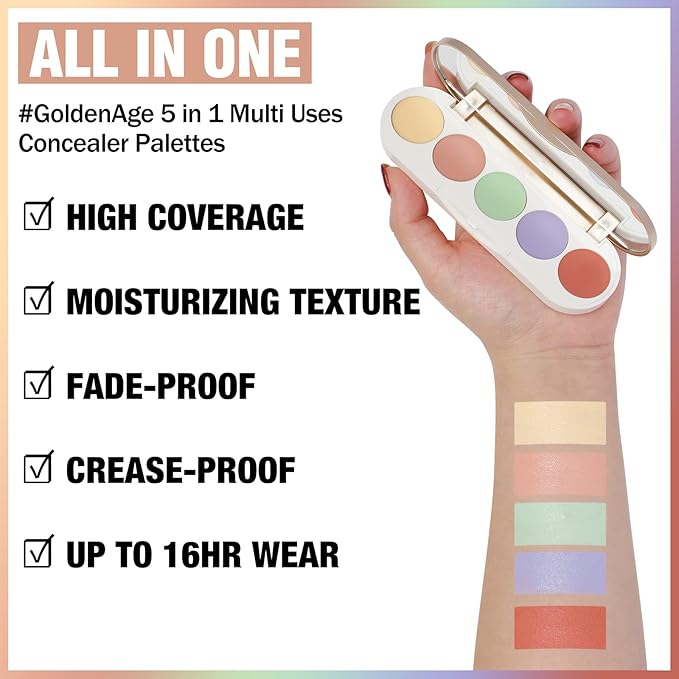 FOCALLURE #GoldenAge 5 in 1 Multi Uses Concealer Palette, 5 Colors Correcting Conceal Palette, Camouflage Contour Palettes for Dark Circles, Face Contouring Highlighter Pallet, CC02 COLOUR CORRECTING-Velvo Beauty