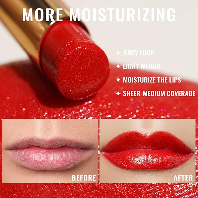 Oulac Moisture Shine Red Lipstick for Women, 2 in 1 Shimmer Lipstick & Lip Balm, Hydrated Juicy and Glossy Lip Color for Dry, Cracked and Chapped Lips, Vegan 2.2g/0.07oz (S06)-Velvo Beauty