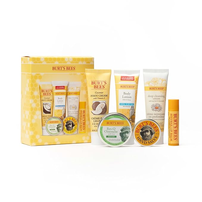 Burt's Bees Back to School Gifts Ideas, 6 College Dorm Products, Timeless Minis Set – Beeswax Lip Balm, Coconut Foot Cream, Milk & Honey Body Lotion, Deep Cleansing Cream, Res-Q Ointment & Hand Salve-Velvo Beauty