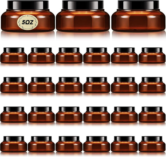 Tessco 24 Pack Plastic Jars with Lids Labels Empty Clear Plastic Jars Round Refillable Cosmetic Containers Body Butter Containers Bulk Sugar Scrub Bottle for Make Up(5 oz,Brown)-Velvo Beauty