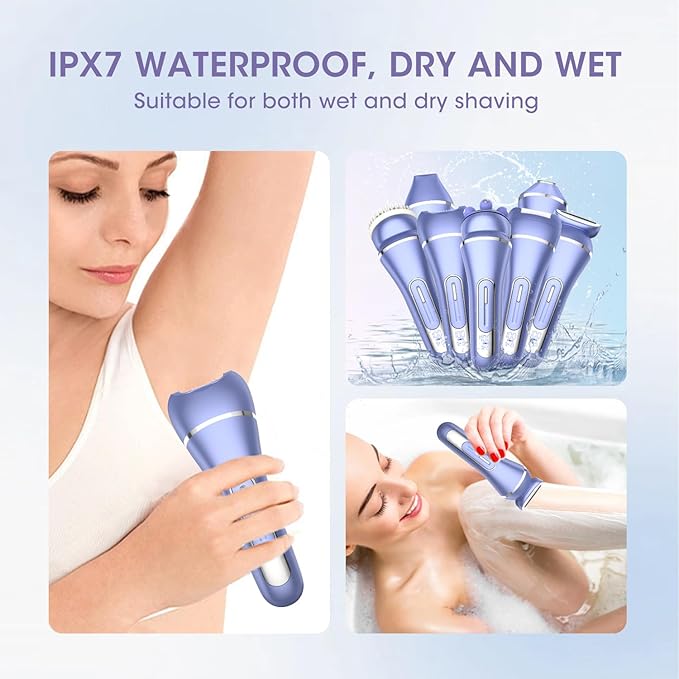 Electric Shavers for Women, 7 in 1 Hair Removal Kit with Epilator Bikini Trimmer Face Razor Body Brush Face Massager Foot Callus Remover, IPX7 Waterproof Lady Razors Set for Legs Armpit Bikini Pubic-Velvo Beauty