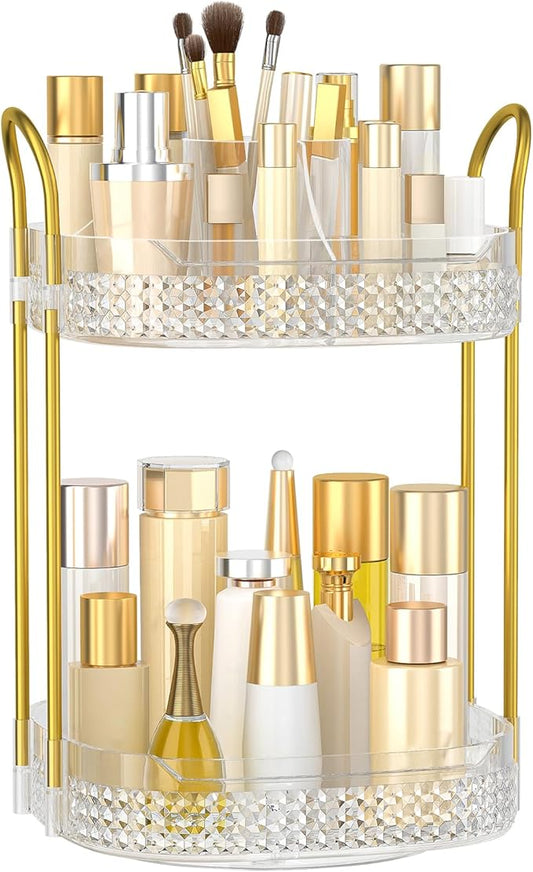 360 Rotating Makeup Organizer 2 Tier, Large Skincare Clear Make Up Storage Spinning Perfume Organizers for Bathroom Counter Dresser, White-Velvo Beauty