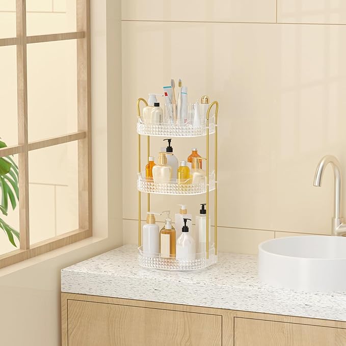 Rotating Makeup Organizer for Vanity 3 Tier, Perfume Organizer with Makeup Brush Holder, Large Capacity Cosmetics Clear Skincare Organizer for Countertop (Transparent)-Velvo Beauty