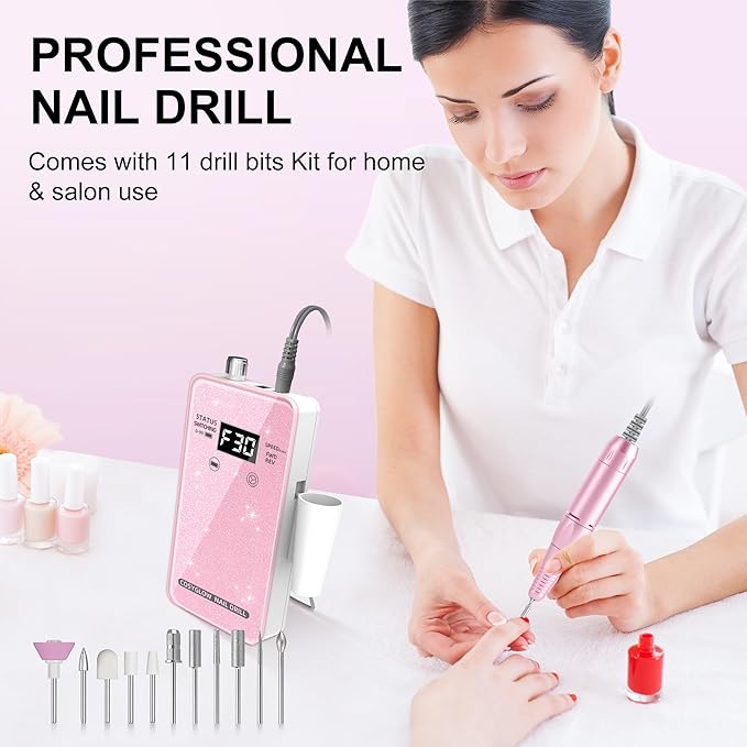 Professional Electric Nail Drill File:COSYGLOW Glitter Portable Cordless E-File Nail Drill Kit with 11 Drill Bits,30000 RPM Rechargeable Nail Drills Machine for Acrylic Nails Gel Polishing (Pink)-Velvo Beauty