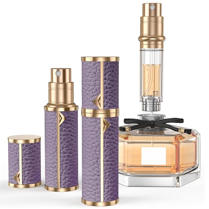 Perfume Travel Refillable Bottle,Genuine Leather Bottom-Filling Fragrances Perfume Atomizer,Mini Cologne Dispenser,Portable Sprayer Pocket Size for Cruise Car Trip Purse Gift 5ml (Purple)-Velvo Beauty