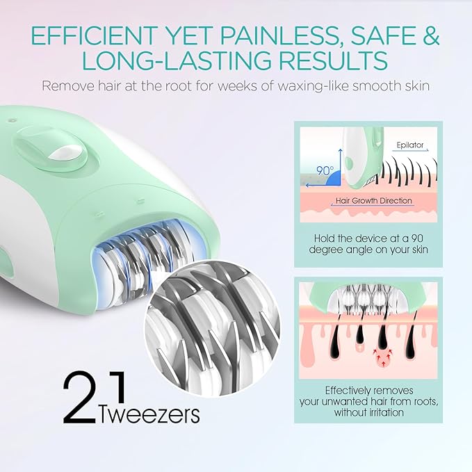 Epilator for Women-Cordless Epilators Hair Removal for Women, 4-in-1 Electric Razor Hair Remover, 2 Speeds & 21 Tweezers for Face Legs Arms Armpit Bikini, Green HR310-Velvo Beauty