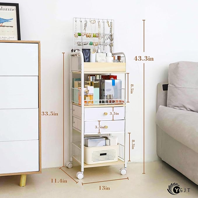 YGJT Makeup Organizer, Floor Skincare Cosmetics Organizer with Drawers, Jewelry Organizers and Storage for Earring Necklace, Vanity Organizer for Skin Care Perfume Makeup Brush Nail Polish Hair Tool-Velvo Beauty