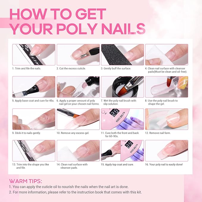 Modelones Poly Nail Gel Kit, 6 Colors Poly Extension Gel Clear Pink White with 48W U V/LED Lamp 3D Nail Charms Builder Slip Solution Complete Toe Manicure Supplies Tools for Starter-Velvo Beauty