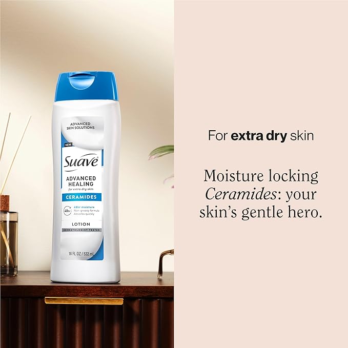 Suave+ Advanced Healing Hand & Body Lotion for Women With Ceramides for Very Dry Skin, Hydrating, Non-Greasy, Allergen-Free Moisturizing Cream, Lightly Scented, 18 FL OZ, 6 Pack-Velvo Beauty