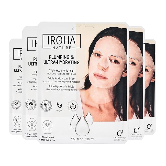 IROHA NATURE Replumping & Anti-Aging Tissue Face Mask (Pack of 5) | With Triple Hyaluronic Acid | Deep Hydration & Anti-Aging Effect | For Softer Skin | 100% Vegan-Velvo Beauty