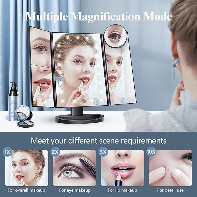 HUONUL Makeup Mirror Vanity with Lights, 2X 3X 10X Magnification, Lighted Mirror, Touch Control, Trifold Dual Power Supply, Portable LED Women Gift (Black)-Velvo Beauty