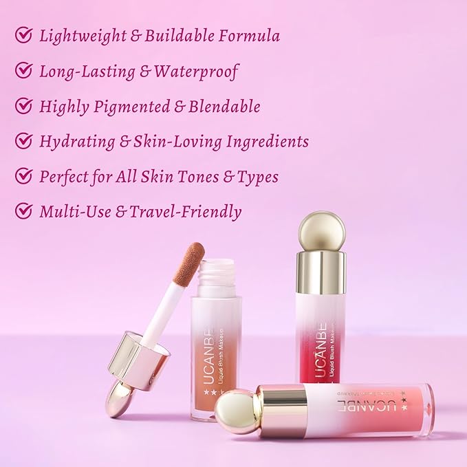 UCANBE 3PCS Liquid Blush Set – Dewy Cream Blush Makeup for Cheeks – Lightweight Long Lasting Blendable Buildable Formula for Natural Flush(Berry Smooch, Bronze Rose, Peach Pink)-Velvo Beauty