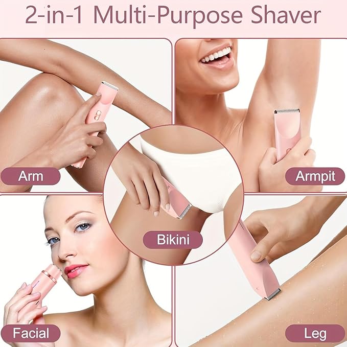 2025 Womens Shaver Dual-Head Bikini Trimmer for Women 2-in-1 Women's Body Shaver USB Charge Waterproof Painless Electric Razors for Silk Skin (Pink)-Velvo Beauty