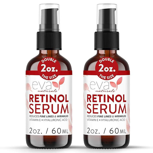 Retinol Serum by Eva Naturals - 2.5% Retinol Serum for Face with Hyaluronic Acid, Vitamin E & Organic Aloe - Retinol Face Serum that Reduce Wrinkles, Fine Lines & Dark Spots - Anti Aging Serum, 2 Pack-Velvo Beauty