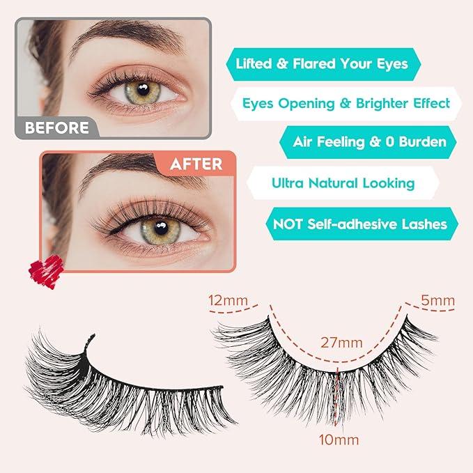 Lashes Wispy False Eyelashes Cat Eye Lashes Natural Look 3D Volume Fake Eyelashes Thin Band Lashes 12mm Natural Eye Lashes C Curl Siligli Lashes Pack 10 Pair-Velvo Beauty