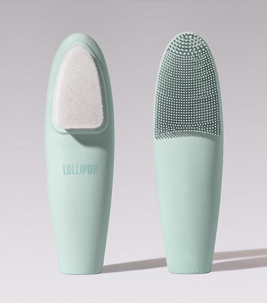 LOLLIPOP Dual-Sided Facial Cleansing Brush | Handle Size Silicone Face Exfoliator and Soft Fiber Cleanser | Manual Face Scrubber for Pores, Makeup Removal, Blackhead and Skincare Routine, Minty-Velvo Beauty