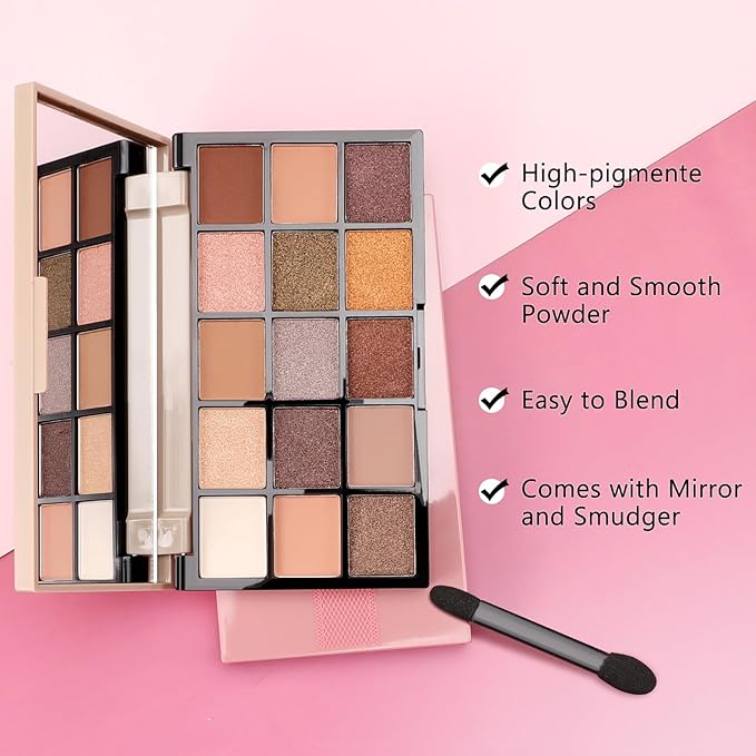 Boobeen 15 Colors Eyeshadow Palette, Highly Pigmented Matte and Shimmer Eye Shadow (with smudger), Soft Powder Eye Makeup Palette for Women and Girls, Create Flawless Glam Eye Looks-Velvo Beauty