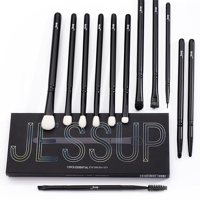 Jessup Eyeshadow Brush Set 12pcs Black Eye Makeup Brushes Set Professional with Natural Synthetic Hair for Eyebrow Eyelash Eyeliner Spoolie Blending, T322-Velvo Beauty