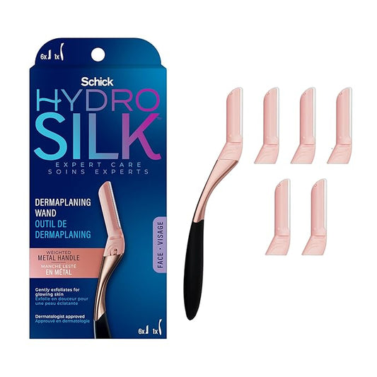 Schick Hydro Silk Dermaplaning Wand, Dermaplaning Tool for Face | Dermaplane Razor for Women Face, Eyebrow Razor, Peach Fuzz Remover, Includes 1 Weighted Metal Handle with 6 Refill Blades-Velvo Beauty