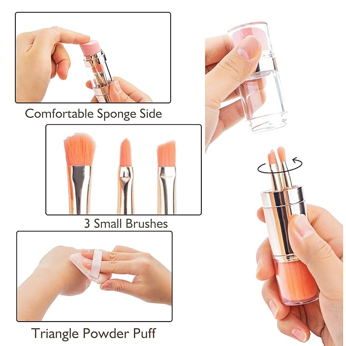 kullder Travel Makeup Brush 5 in 1 Makeup Brush set Blend Sponge Eyebrow Eyeshadow & Blush Brushes for Foundation Concealer Double Ended Makeup Brush with Powder Puff Ideal Womens Gifts-Velvo Beauty
