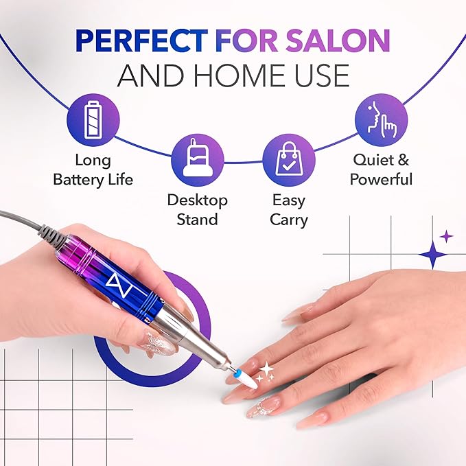 M Mase- Professional Nail Drill Machine - Coreless 2-in-1 Nail File - Electric, Cordless, 35000 RPM, HD Display - Electric Nail Drill for Professional & Home Use (Unicorn Pink Blue)-Velvo Beauty
