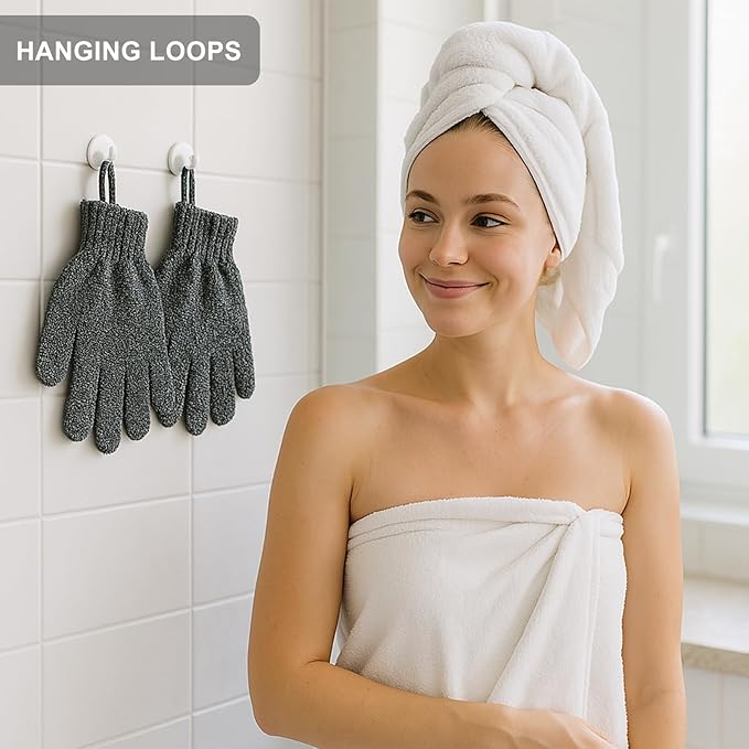 Exfoliating Gloves with Hanging Loop - 1 Pair Bamboo Charcoal Bath/Shower Gloves, Bath Gloves for Shower Exfoliating and Ingrown Hair/Dead Skin Remover - Bamboo Charcoal - Exfoliator Mitt Scrub Gloves-Velvo Beauty