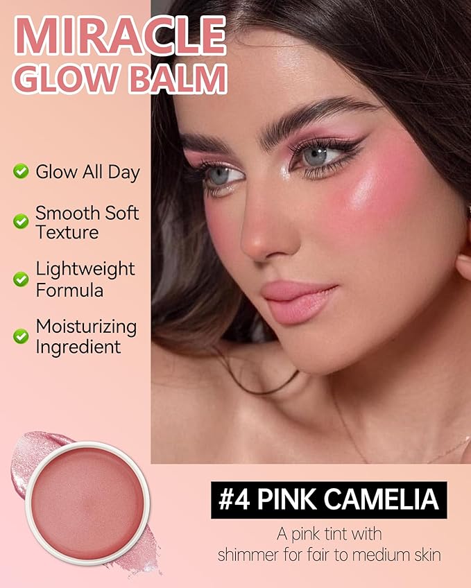 Multi Glow Balm,Miracle Glow Balm Tinted Face Creamy Blush for Women Cheek Lip Eye,Hydrating Lightweight & Blendable Color,Shimmer Blusher Facial Makeup, Mother's Day Gift for Women-04 Pink Camellia-Velvo Beauty