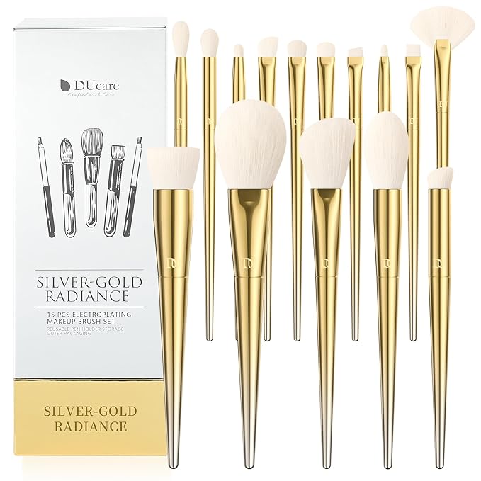 DUcare Makeup Brushes 15Pcs Makeup Brush Set with Holder Premium Synthetic Powder Foundation Contour Blush Concealer Eye Shadow Blending Liner Make Up Brush Kit gold-silver-Velvo Beauty